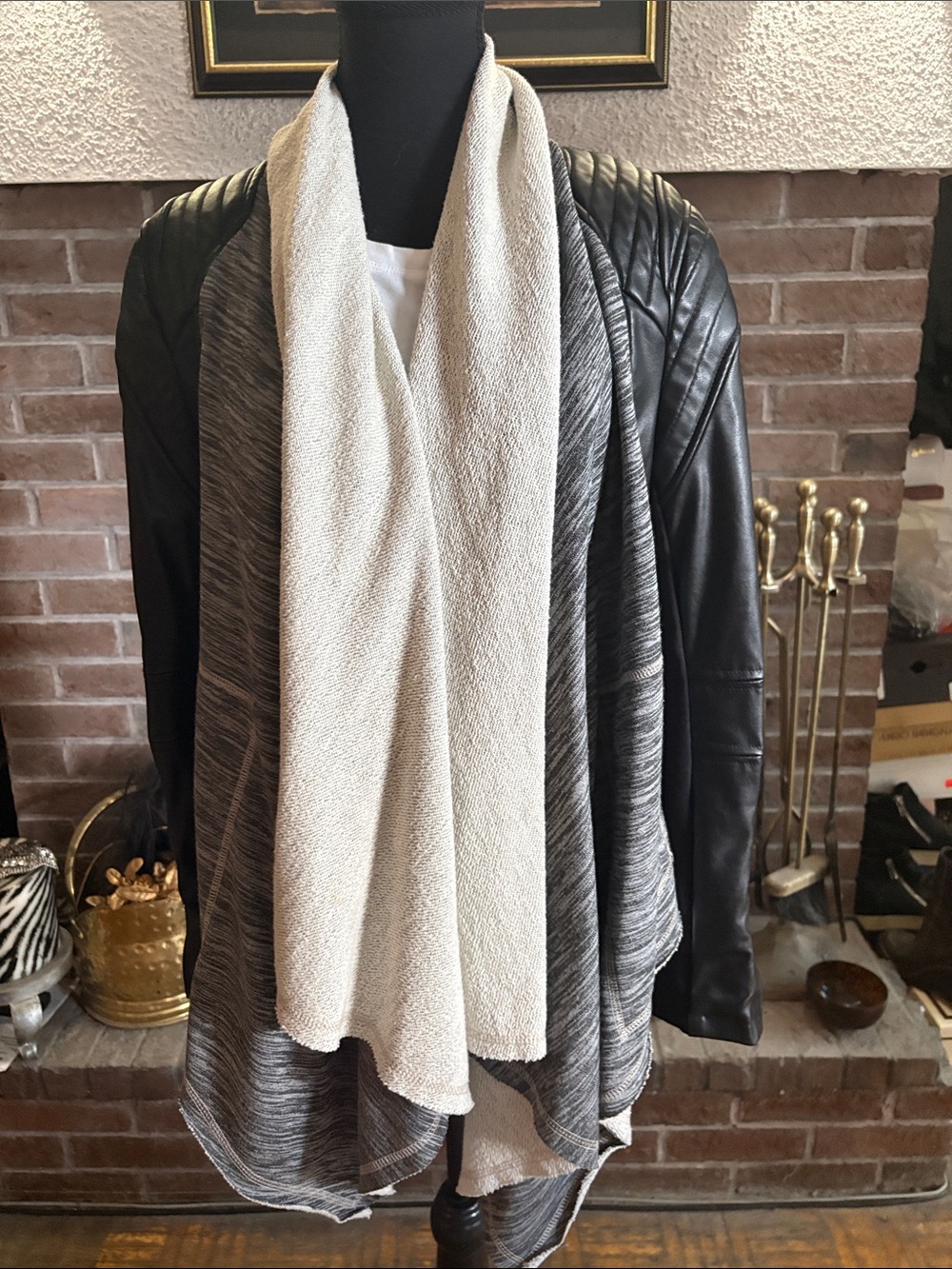 Blank NYC Black Faux-Leather Sleeve Draped Jacket with Cream Scarf